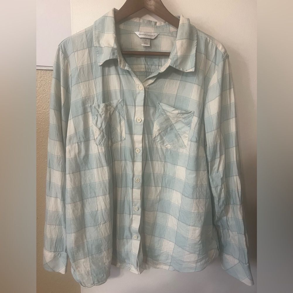 Christopher & Banks Blue & White Plaid ButtonUp Shirt Women’s Sz XL Western Chic